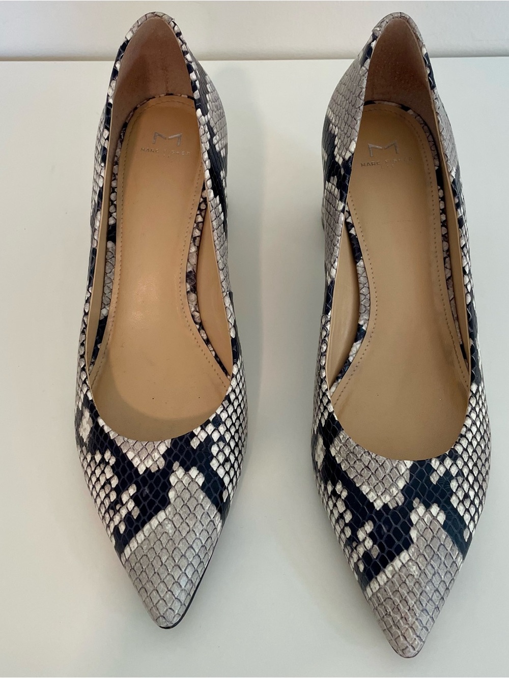 Marc Fisher Snake Pointed Flats - Black & White